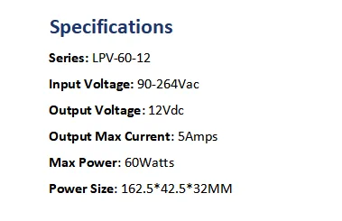 12V LED Driver IP67, Class 2, 60W 12V 5A LED Driver MEAN WELL LPV-60-12 - image 3
