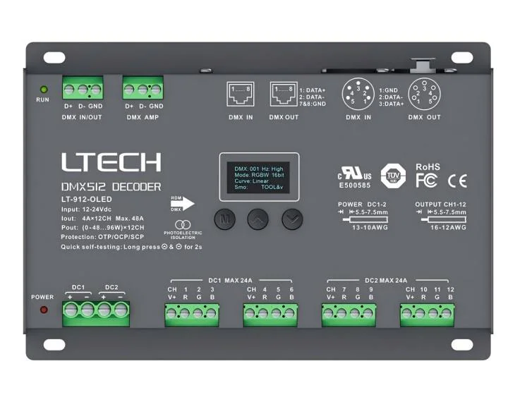 LT-912-OLED LTECH 12-Channel CV DMX/RDM Decoder – 4A/CH, Up to 1152W - image 2